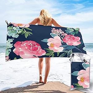 Microfibre towel lightweight travel beach towel | Extra large quick drying camping towel Premium gym towels for swimming yoga | Highly absorbent fast dry | Navy And Pink Watercolor Peony