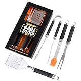 BBQ Grill Tools Set - Premium Grilling Accessories - 4-Piece Barbecue Accessories - Heavy Duty Stainless-Steel Barbecue Grilling Utensils - Spatula, Tongs, Fork, And Basting Brush