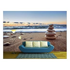 Stones Balance on Beach, Sunrise Shot - Removable Wall Mural | Self-Adhesive Large Wallpaper - 66x96 inches