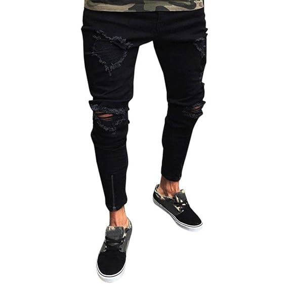 TAOtTAO Männer Slim Biker Zipper Jeans Skinny Ausgefranste Hose Distressed Rip Hose