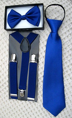 Unisex Fashion Kids Teens Teenagers Solid Blue 2 Layer Adjustable All Polyester Silk Bow Tie and Matching Kids Teens Teenagers Solid Blue Adjustable Suspenders with Blue Neck Tie Combo-new in Factory Pkg!