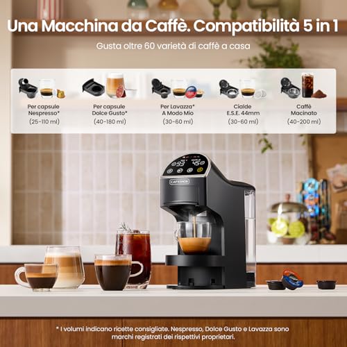 Magician2 5 in 1 Multi-Capsules Coffee Machine for Nespresso, Dolce Gusto, Lavazza A Modo Mio, ESE 44 and Ground Caps, Touch LED, Self-Adaptive, 20 Bar, 1.2L, Espresso Machine for Home and Office