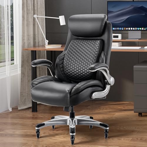 Office Chair Ergonomic Desk Chair with Pop-Out Lumbar Support, High Back Executive Chair, Upgraded Casters, Adjustable Headrest, Flip-Up Arms, Leather Home Chair with Thick Cushion for Comfort-Black - Image 8