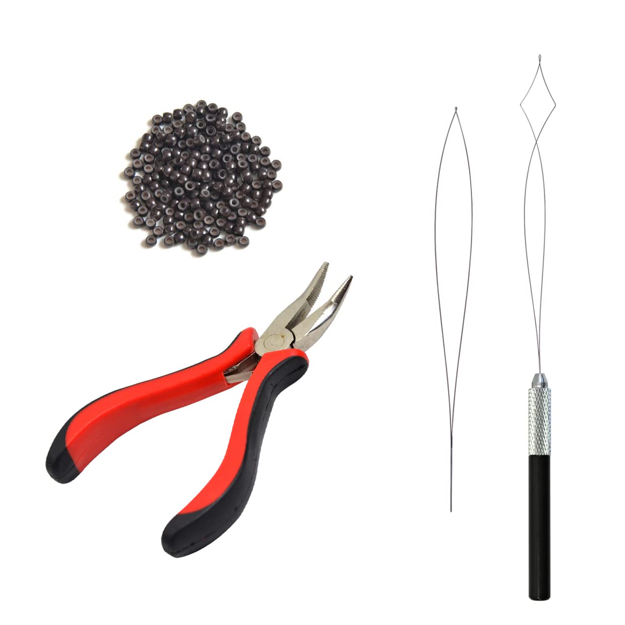 Hair Extensions Pliers Kit with I-tip Hair Pliers Pulling Needle Loop Threader and 200 Pcs 3.0mm Silicone Lined Nano Rings Micro Links Beads (Dark Brown)