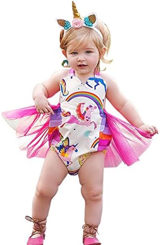 JoyJon Baby Girls Romper Unicorn Rainbow Print Ruffle Princess Bikini Summer Clothes with Unicorn Rose Headband Jumpsuit Outfits Shower Gift for Girls(70cm)