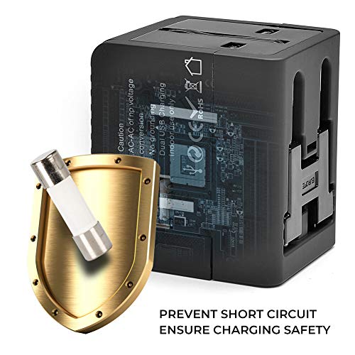 Travel Adapter, Universal Travel Adapter AC Power Plug Adapter with Dual USB Charging Interface for US UK, Europe Australia Asia, etc, Compatible with Mobile Phones and Laptops (Black)