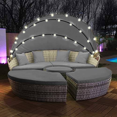 Swing & Harmonie Sonneninsel - Poly Rattan Lounge - mit LED Beleuchtung - Hochwertige Garten-Couch - Outdoor-Chill-Lounge - Couchliege Garten - Sunbed - (210cm, Grau)