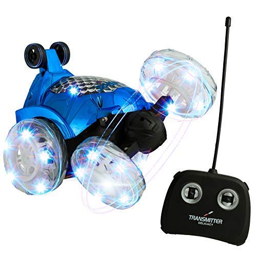 Dimple Blue RC Remote Controlled Stunt Car with 360 Front Wheels for Flipping, Spinning and Racing, Lights Up & Music - Thumbnail 6