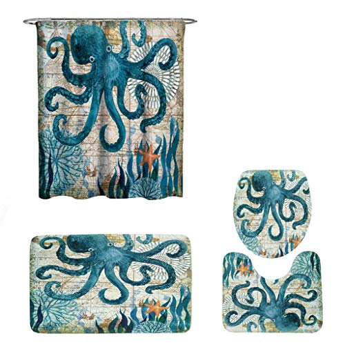 Vacally 4PCs Bathroom Rug Set Sea Style Turtle Octopus Pattern Non Slip Toilet Polyester Cover Absorbent Mat and Shower Curtain Set