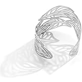COLORFUL BLING Chunky Gold Silver Open Wide Hammered Wrist Cuff Bangle Adjustable Hollow Leaf Flower Wrap Bracelet for Women Statement Wristband Jewelry