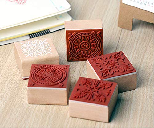 12Pcs Wooden Stamps Floral Pattern Rubber Stamp Round and Square Lace Wooden Rubber Stamp for Scrapbooking and DIY Craft Card
