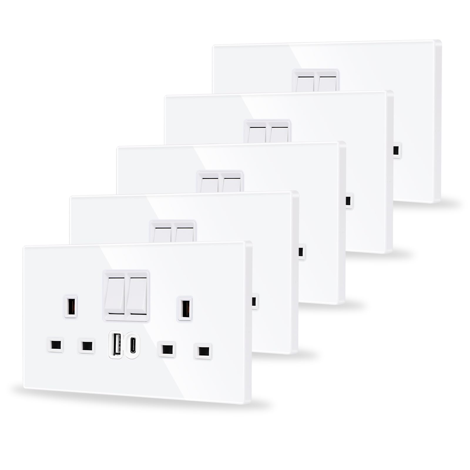 JIMEIDA 5 Pack Double Switched Socket White 20W Fast Charging 13 Amp with USB A and Type C Charging Ports Crystal Glass Panel Wall Outlet