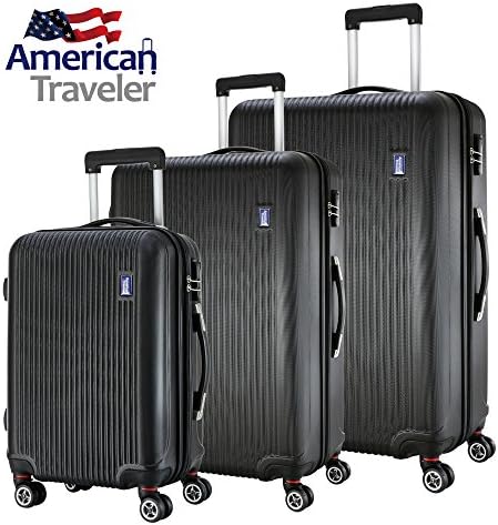 3 Piece Luggage Set by American Traveler - Lightweight, Anti-scratch - Glossy Striped Suitcase, Durable ABS material, 360 Spinner Wheels, and TSA Lock (Black)