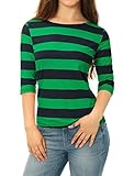 Allegra K Women's Half Sleeves Boat Neck Slim Fit Stripe Tee L Dark Green