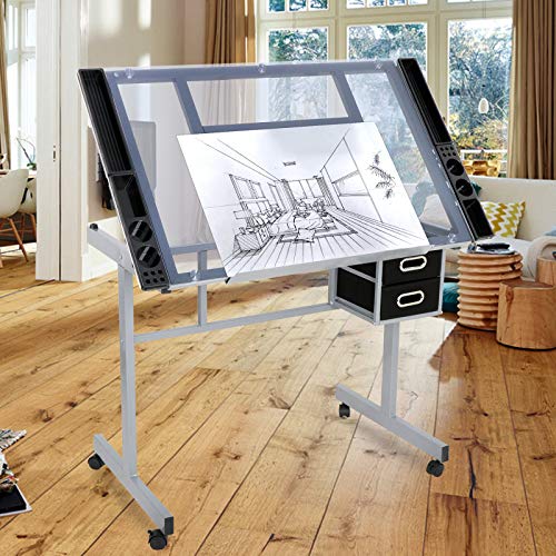 ZENY Adjustable Drawing Table Top Rolling Drafting Desk Tempered Glass Top W/2 Slide Drawers & Rolling Wheels