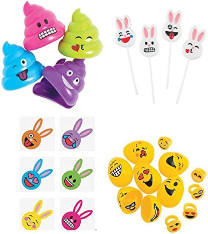 108 Pc. Emoji Easter Bunny Egg Hunt Kit - Poop Fillable Eggs, Emoji Plastic Eggs with Rings, Emoji Bunny Lollipop Suckers and Bunny Tattoos