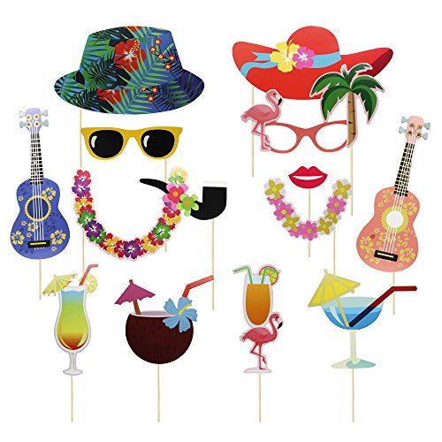 Meetory 36Pcs Hawaiian Photo Booth Props Kit, Colorful Photo Props Sticks, Selfie Props Celebration for Hawaii Seaside, Summer Pool Party, Luau Beach Vacation Dress-up Costume Accessories Decoration - Thumbnail 3