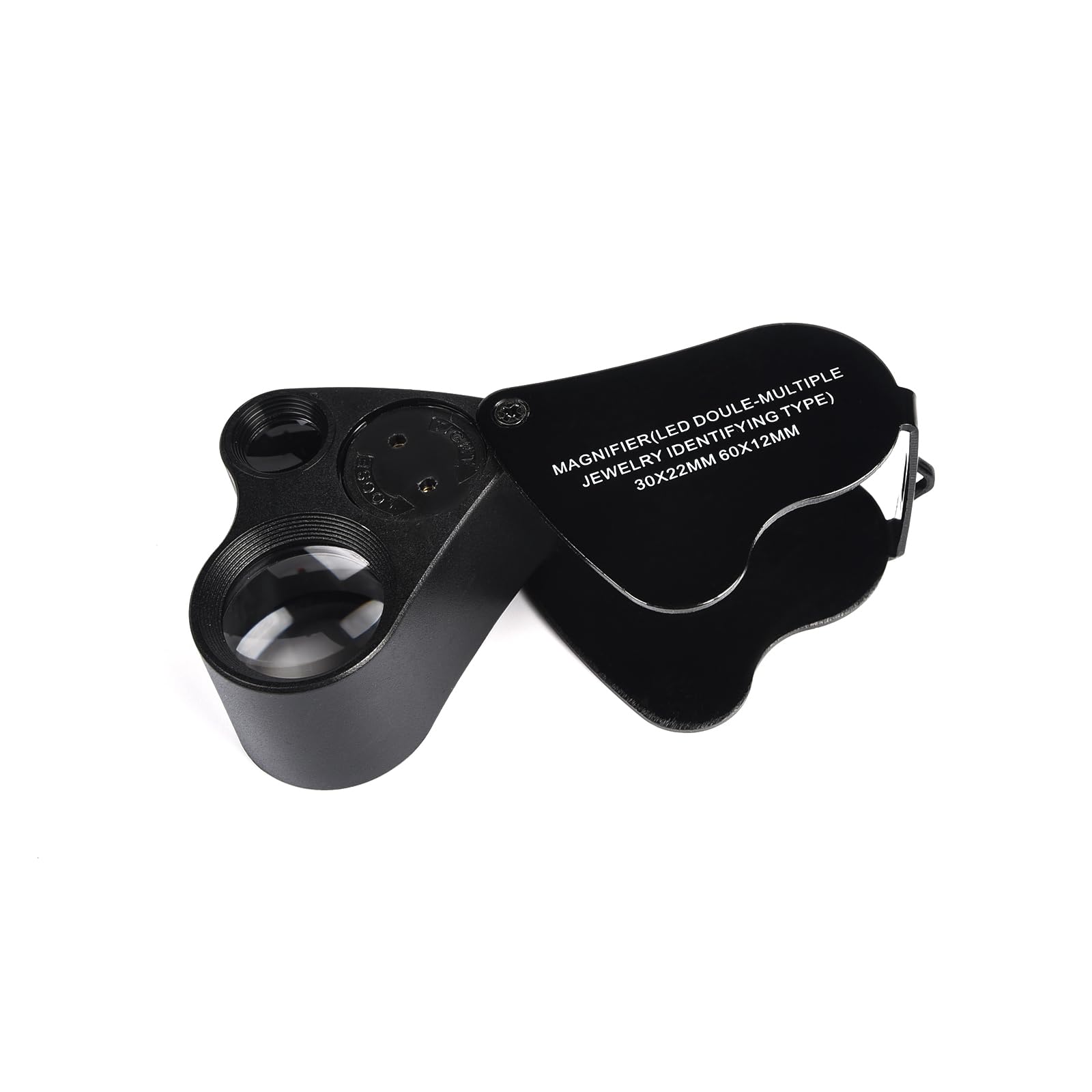 30X 60X Jeweller Loupe Black Folding Portable Pocket Magnifying Glass with 2 LED for Coins Stamps Watches Jewelry Gems Antiques - Carrying Case