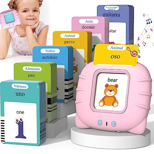 Juguetes de Aprendizaje con Tarjetas Flash Parlantes, Lectura Bilingüe en Español e Inglés, Máquina de Lectura de Juguetes Educativos con 510 Palabras, Juguetes Regalo de Cumpleaños para niños (Rosa)