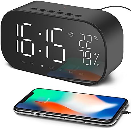 Yayusi Alarm Clock Radio with Bluetooth Speaker, Digital Alarm Clock for Bedroom with Thermometer, Dimmable LED Display, Dual Alarm with Snooze, TF Card Slot, USB Charging Port, FM Radio/AUX-IN