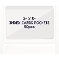 Clear Adhesive 3" x 5" Index Card Pockets With Top Open Loading, 50 Pack, Plastic Labels Holders for Storage Bins and Library
