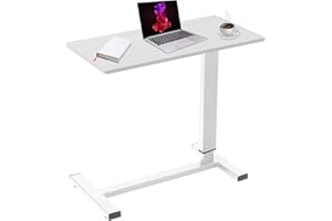 Ganggend Overbed Table with Swivel Hidden Wheels Adjustable Height, Pneumatic Mobile Standing Desk Laptop Bedside Table Multi-Purpose for Home and Hospital Use (White)