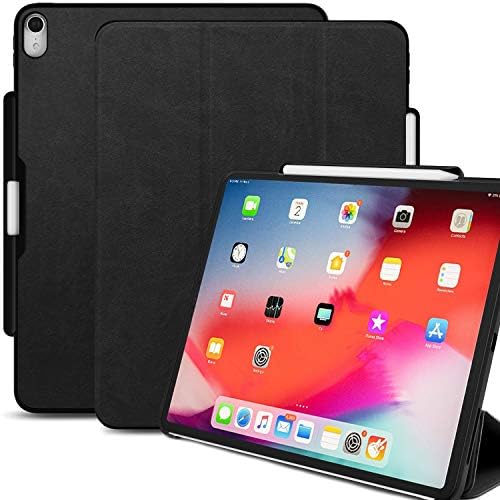 KHOMO iPad Pro 12.9 Inch Case 3rd Generation (Released 2018) with Pen Holder - Dual PU Leather Black Super Slim Cover - Support Pencil Charging