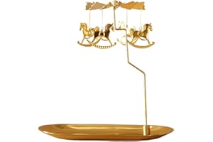 Creahaus Spinning Candle Holder with Tray, Glod Carousel Candle Spinner, Rotating Metal Tea Light Candle Holder for Table Centerpiece, Christmas, Valentine's Day, Party Decor, Gift (Gold Carousel)