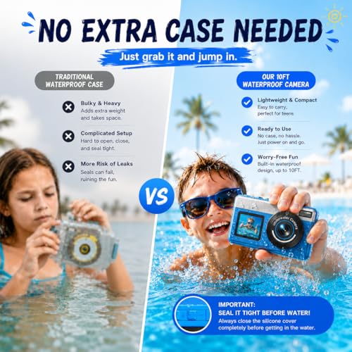 Maxmango D70 Underwater Camera,10FT Waterproof Camera,4K 48MP Compact Digital Camera with Autofocus Selfie Dual-Screen,for Boys Girls Teens Beginner Snorkelling,Swimming and Holidays(16GB Card)