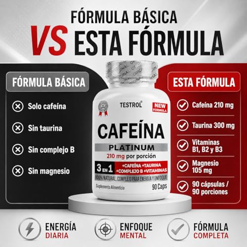 Cafeína Platinum 210mg | Fórmula con Taurina, Magnesio y Complejo B | Preentreno | Energía y Enfoque | Cafeina capsulas Testrol | 90 Cápsulas