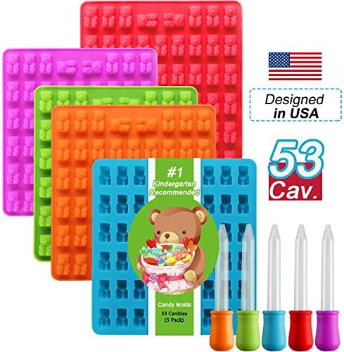 Antonki 5-PCS Best Recommended Chocolate Jelly Gummy Bear Candy Making Mold Designed in USA, 53 Cavities, 5 Colors 5-Year Warranty