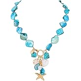 Firstmeet Natural Freshwater Shell Choker With Pearl Starfish Turquoise Pendant Irregular Mother of Pearl Necklaces for Women
