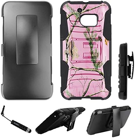HTC 10, Hybrid 2 Layer Shock Proof Rugged Heavy Duty Armor Holster Kickstand Hard Case by URAKKI - HTC 10 (2016 Version) [Pink Hunting Camouflage] Case