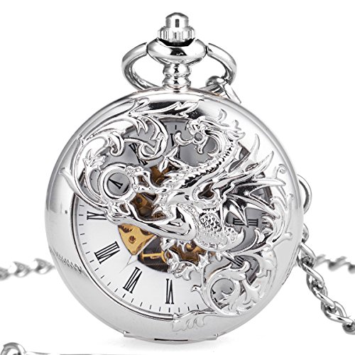 Mens Skeleton Mechanical Pocket Watch - Dragon Hollow Single Hunter ManChDa Burlywood Dial (4.Silver Dragon Hollow Double Hunter)