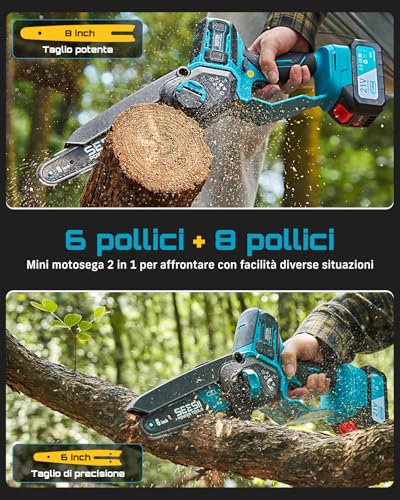 SEESII 6 & 8 Mini Electric Pruning Chainsaw for Wood Cutting – 1000 W | Chainsaw Pruning Chainsaw, Electric Saw with 2 x 4000 mAh Batteries, Automatic Lubrication - Branches