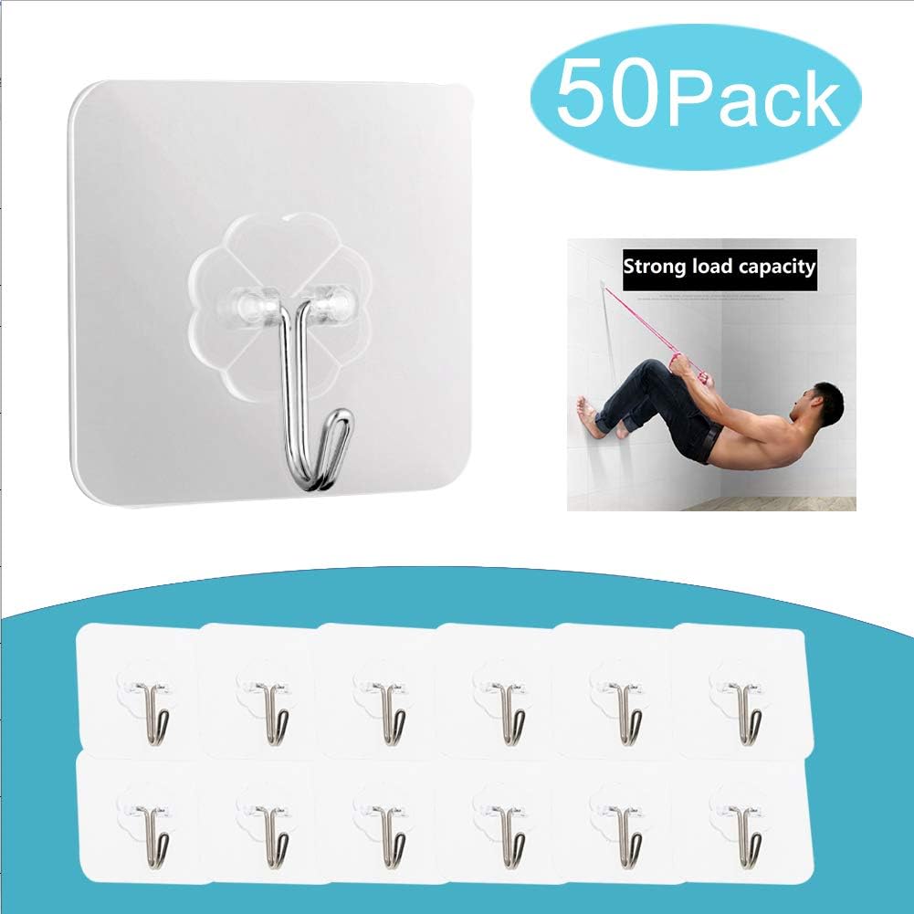 50 Packs Wall Hooks 15lb(Max) Transparent Adhesive Seamless Hooks, Waterproof and Oilproof for Bathroom Kitchen Heavy Duty Self Adhesive Hooks- Hushtong