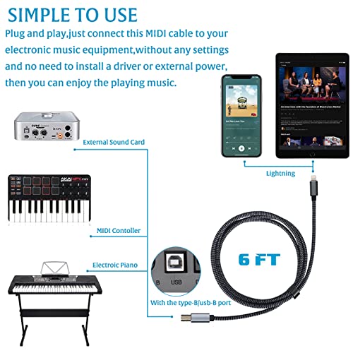 Lightning to MIDI Cable USB OTG Type B Cable for Select iPhone, iPad Models for Midi Controller
