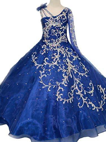 2017 Little Girls One-Sleeve Beaded Ball Gowns Pageant Dresses 6 US Royal Blue