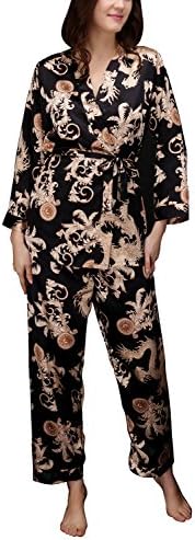 Underwait Women's Pajama Sets Elegance 3 pcs Silk Pajamas Womens Sleepwear Sets Black M