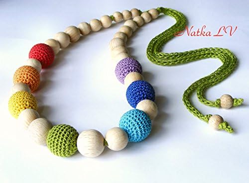 Rainbow nursing necklace, multicolor teething necklace, breastfeeding necklace, wooden crochet baby toy, natural, wood, cotton yarn