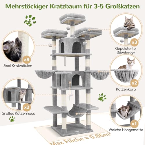 Globlazer Scratching Post Large High 204 cm with 3 Padded Perches, 2 Cat House, 2 Baskets, Hammock, Luxury Cat Tree, Stable for 3-5 Adults, Cat, Rest, Play, Scratching Indoor (F80, Light Grey)