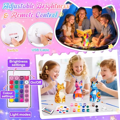 Dikence Painting Your Own Cat Lamp Toys DIY 3D Night Light Arts and Crafts Kits for Kids with Painting Accessories - Best Boys Girls Birthday Presents Gifts