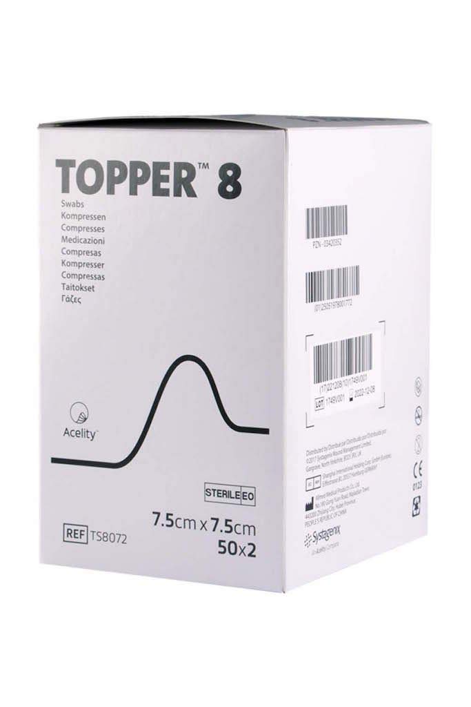 Topper 8 Sterile Swabs, 7.5cm x 7.5cm, 50 Pouches, 2 Swabs Per Pouch