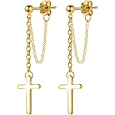 Gold-Tone Cross Dangle Drop Earrings 925 Sterling Silver Chain Dropping for Women Men Punk Ball Studs Hypoallergenic Jewelry