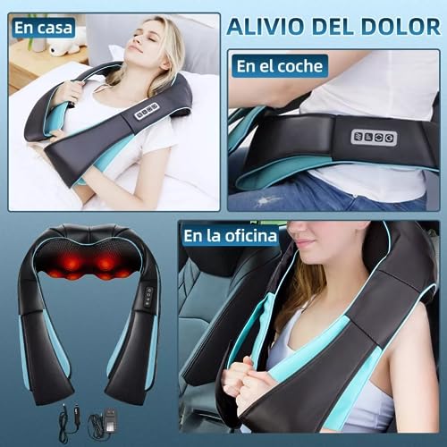 Masajeador de Espalda, Masajeador de Cuello y hombros con Calor para Alivio del Dolor Muscular,Masaje Cuello Shiatsu con 4D Rotación y 3 Velocidades, 8 Cabezales de Masaje,Negro Y Azul