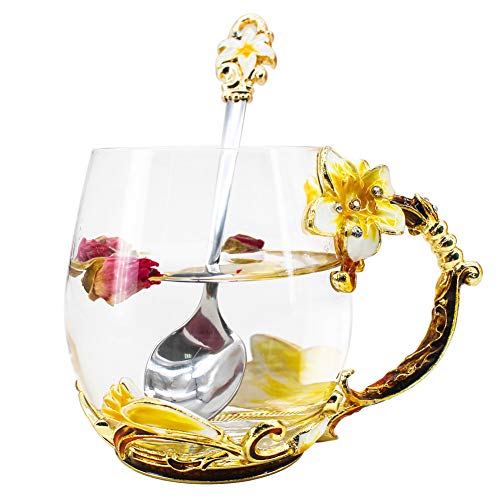 Tea Cup Coffee Mug Cups, Creative Lily Flower Glass Tea Cup, Handmade Tea Mug, Unique Personalized Birthday Present Ideal for Friend Wedding Anniversary Christmas Birthday - 12OZ Yellow