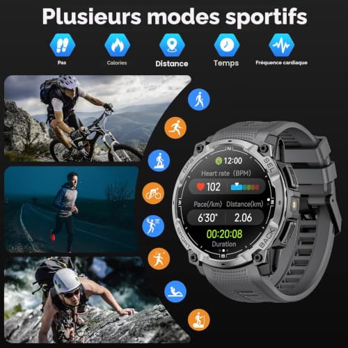 Men's Military GPS Smart Watch, 1.43 Inch AMOLED HD Smartwatch with Bluetooth Call, LED Light, Compass, 100+ Sports Modes, Heart Rate, Sports Watch for Android iOS (Black)