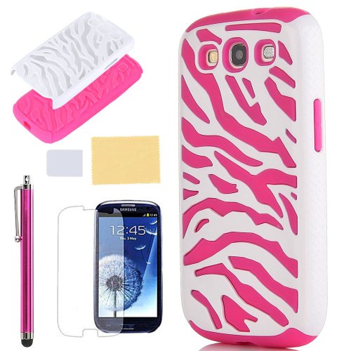 Pandamimi ULAK Pink White Zebra Combo Hard Soft High Impact Samaung Galaxy s3 i9300 Armor Case Skin Gel with free screen protector + stylus