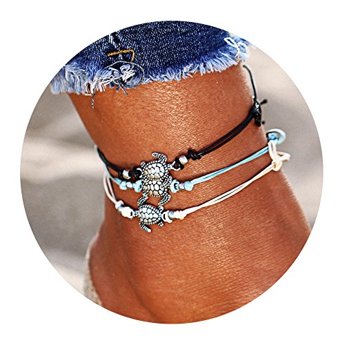 17KM Starfish Turtle Anklets Multi Layered Turquoise Stone Shell Boho Beach Sliver Yogo Charm Anklet for Women - Thumbnail 4