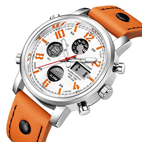 Leather Band Analog Digital LED Dual Time Display Mens Watch White Case